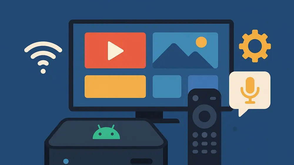 Android-Box neben dem Fernseher zeigt, was man für IPTV als Gerät braucht