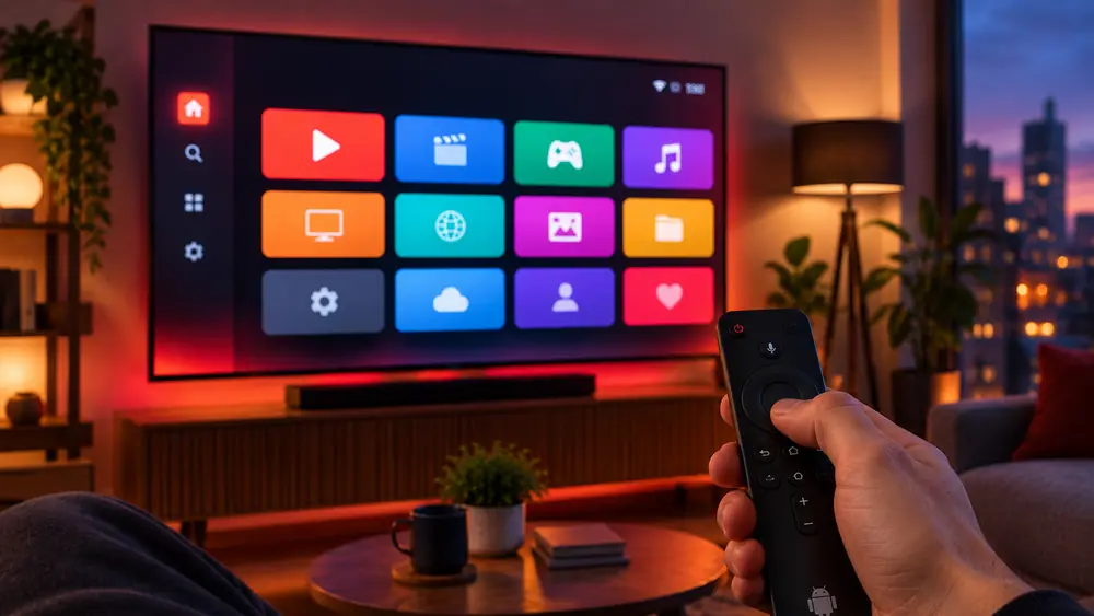Fernbedienung vor App-Übersicht auf Android TV, beste IPTV App auswählen