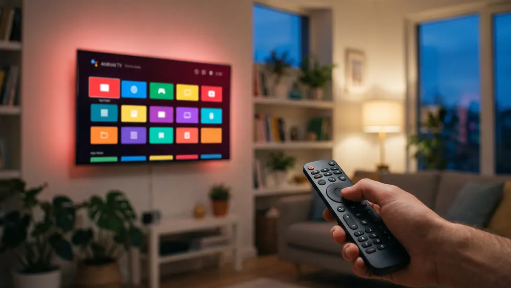 Android TV Startseite mit TiviMate und weiteren IPTV-Apps auf dem Fernseher