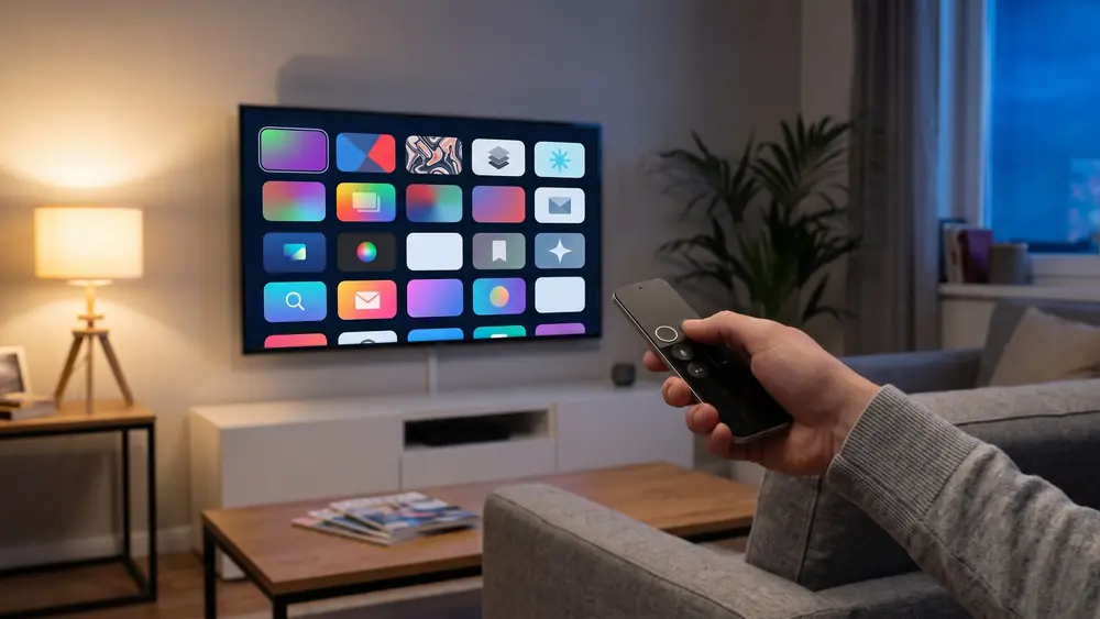 Apple TV Fernbedienung vor dem Fernseher mit IPTV App für iPhone und Apple TV