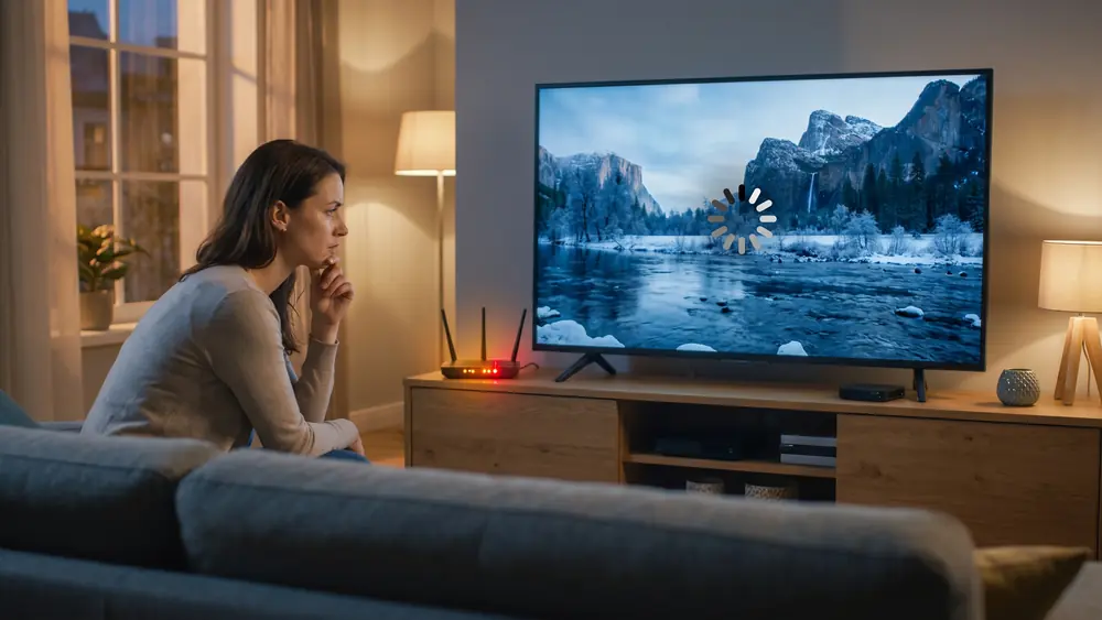 Router und Fernseher mit Ladekreis, weil IPTV am Abend ruckelt