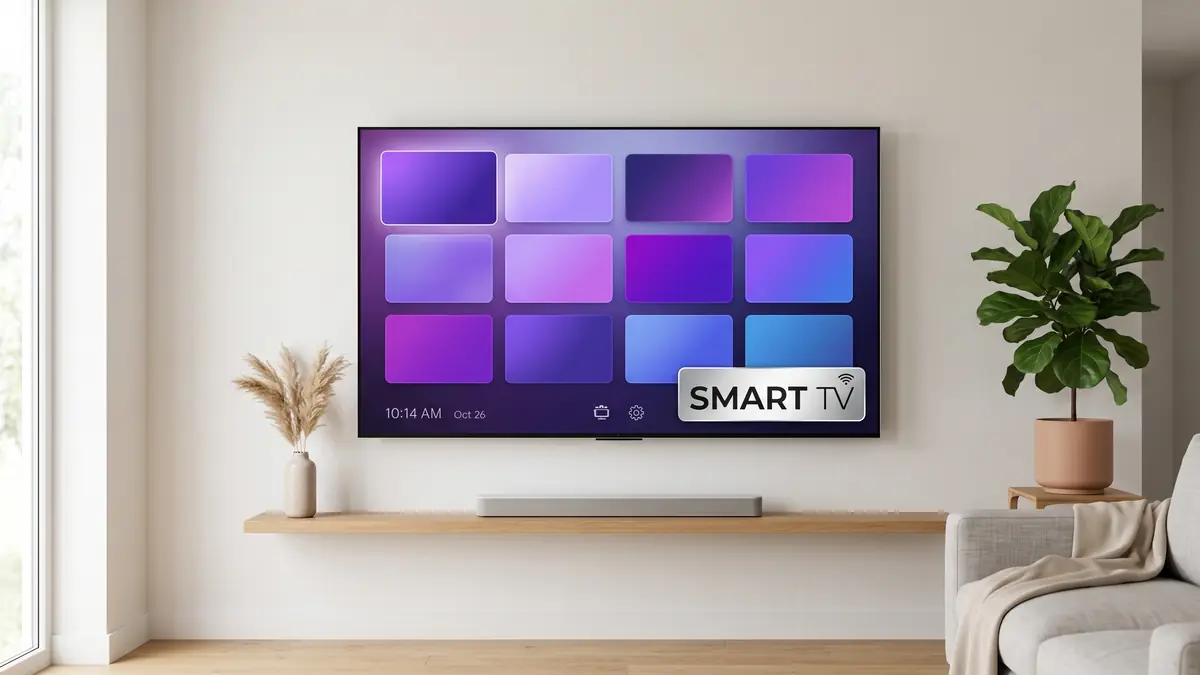 IPTV Anbieter Deutschland: Smart TV mit Senderkacheln in hellem Wohnzimmer