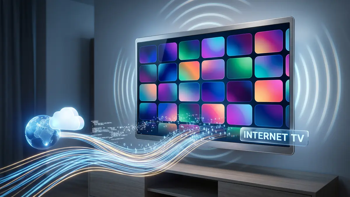 Was ist IPTV: Fernseher mit Senderkacheln und Datenstrom aus dem Internet
