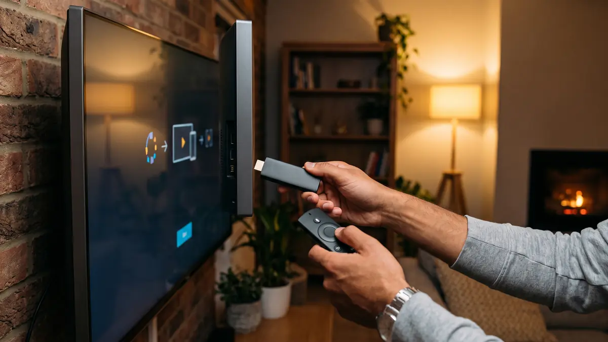 IPTV auf dem Fire TV Stick: Hand steckt den Stick in den HDMI-Anschluss