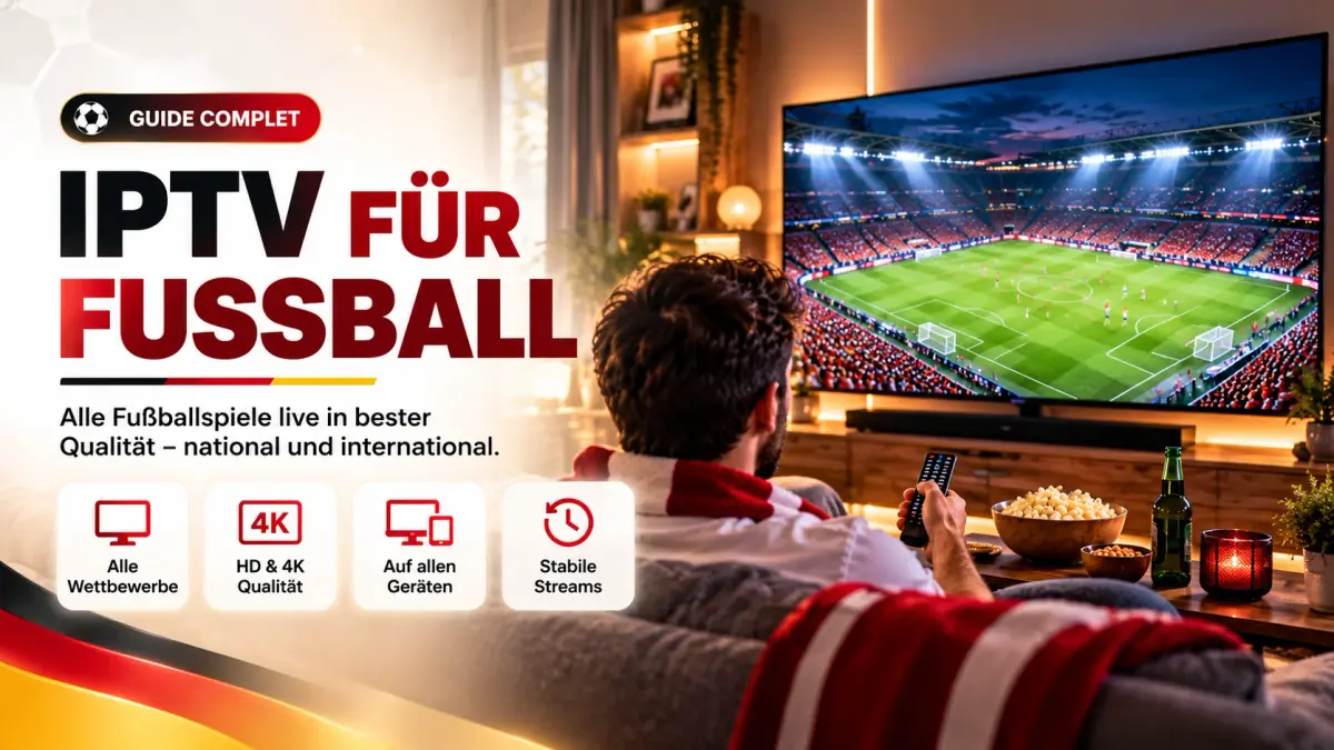 IPTV für Fußball: Fan mit Schal schaut ein Spiel auf dem großen Fernseher
