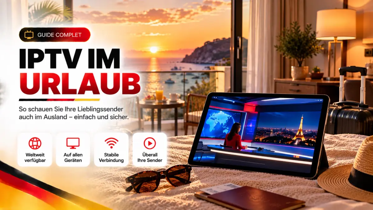 IPTV im Ausland: Tablet mit Nachrichtensendung im Hotelzimmer am Meer