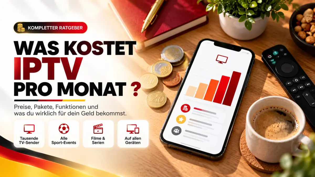 Was kostet IPTV pro Monat: Smartphone, Münzen und Fernbedienung auf dem Tisch