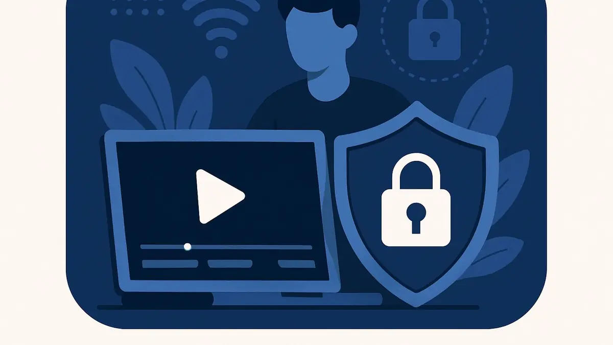 Seriöser IPTV Anbieter: Bildschirm mit Wiedergabe und Schutzschild-Symbol