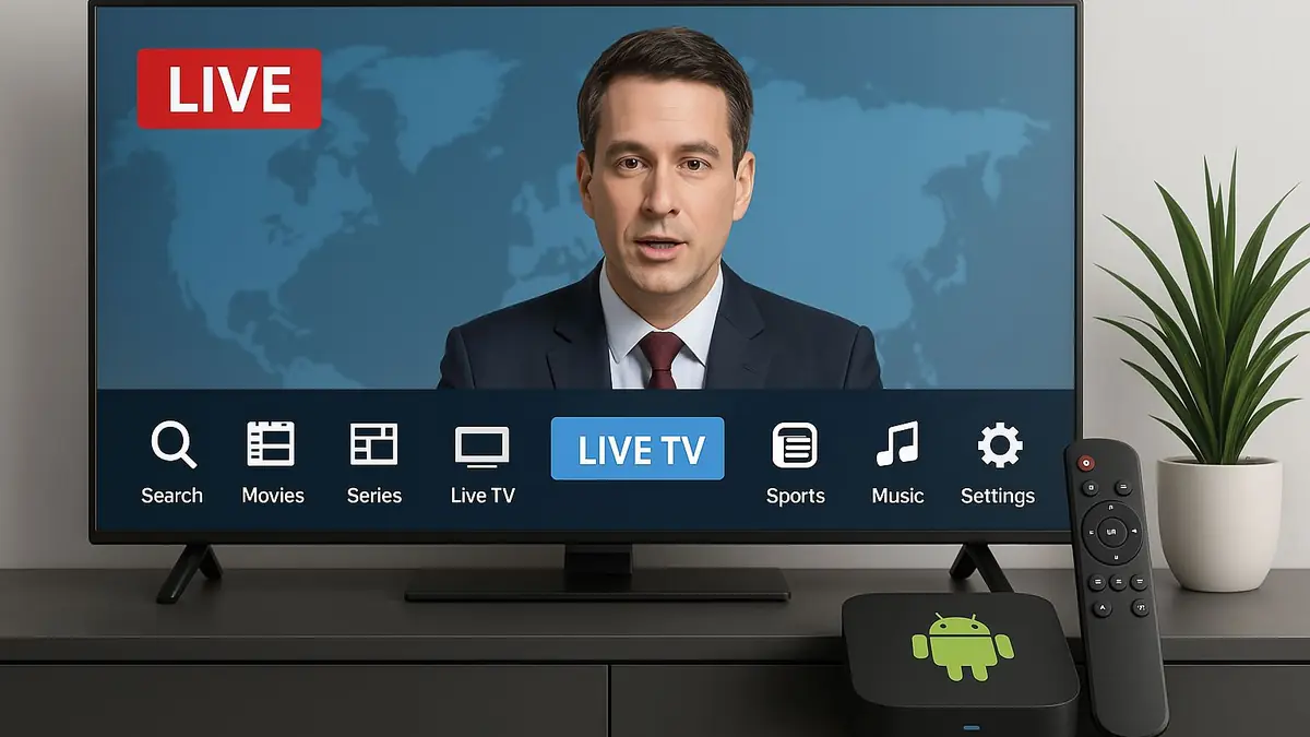 Was braucht man für IPTV: Android-Box vor einem Fernseher mit Nachrichten