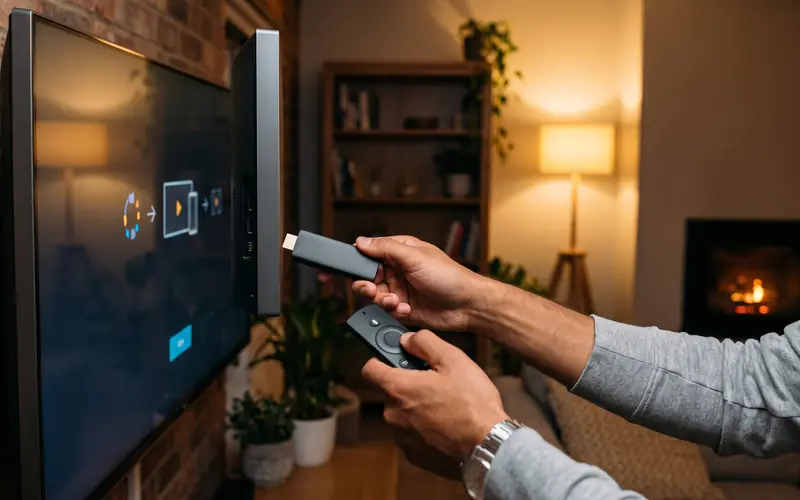 IPTV Installation auf dem Fire TV Stick: Stick im HDMI-Anschluss mit Downloader-App