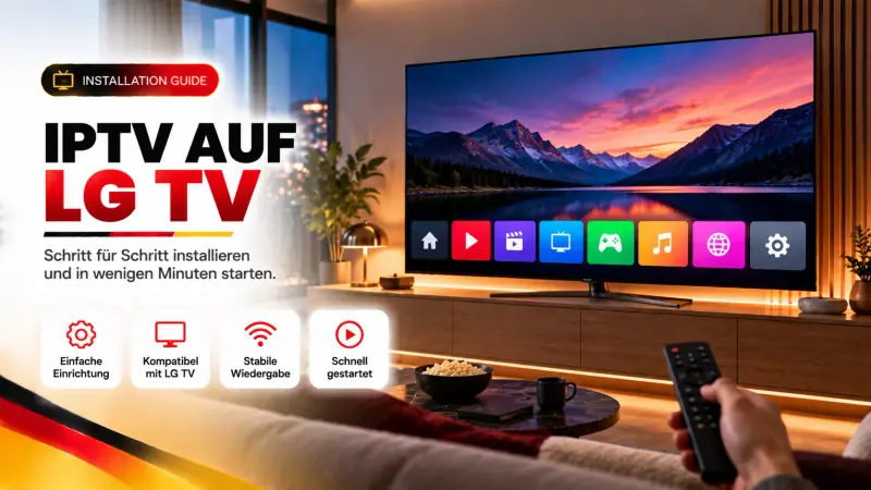 IPTV Installation auf dem LG Smart TV: App-Leiste auf dem Fernseher, Hand mit Fernbedienung