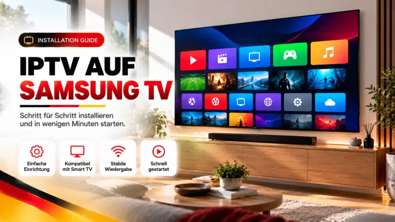 IPTV Installation auf dem Samsung Smart TV: großer Fernseher mit App-Übersicht im hellen Wohnzimmer
