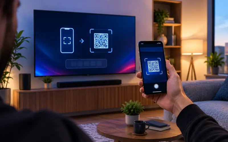 IPTV Installation per MAC-Adresse: Handy scannt den QR-Code einer IPTV App auf dem Smart TV