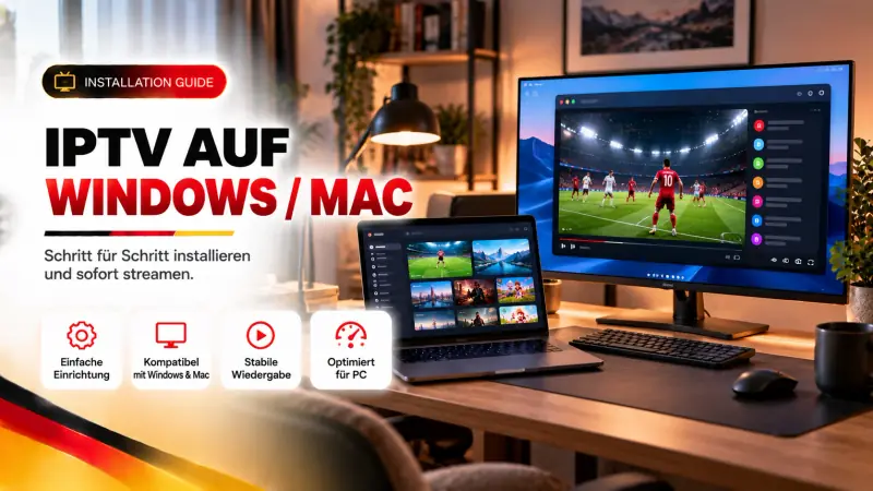 IPTV Installation auf Windows und Mac: Fußballspiel im Player auf Monitor und Laptop