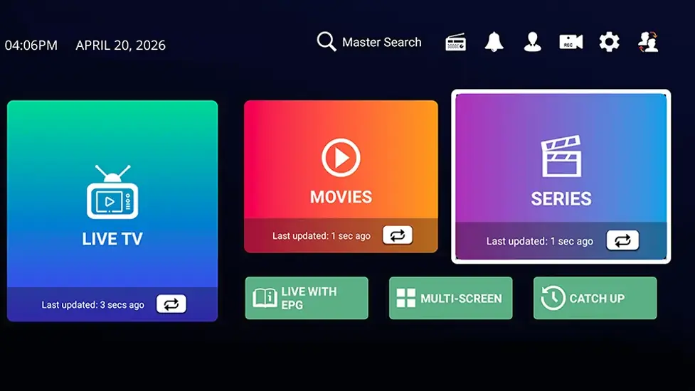 Bester IPTV Anbieter: Startseite der IPTV App mit Live-TV, Filmen und Serien