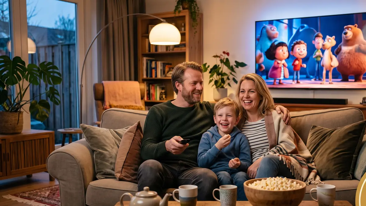 IPTV Anbieter Deutschland: Familie lacht gemeinsam vor dem Fernseher mit Popcorn