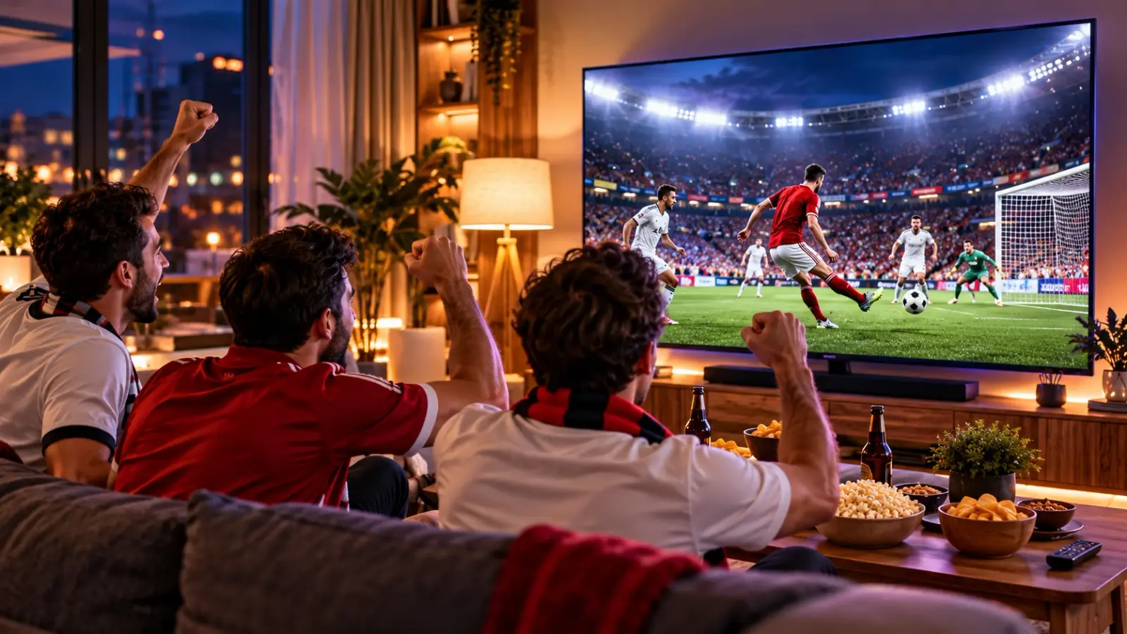IPTV Anbieter für Fußball: drei Freunde jubeln vor dem großen Fernseher