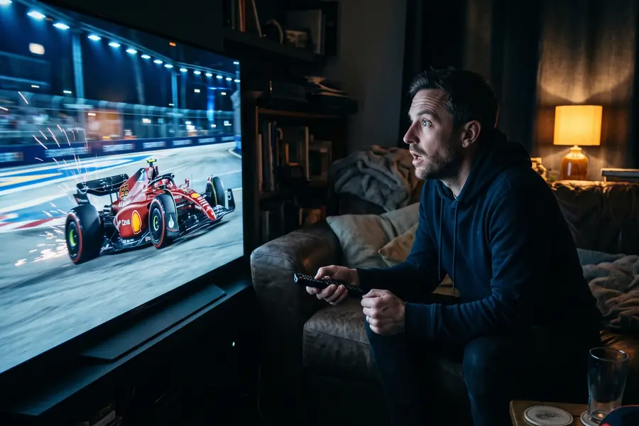 IPTV Sport: Fan verfolgt ein Motorsport-Rennen auf dem Fernseher