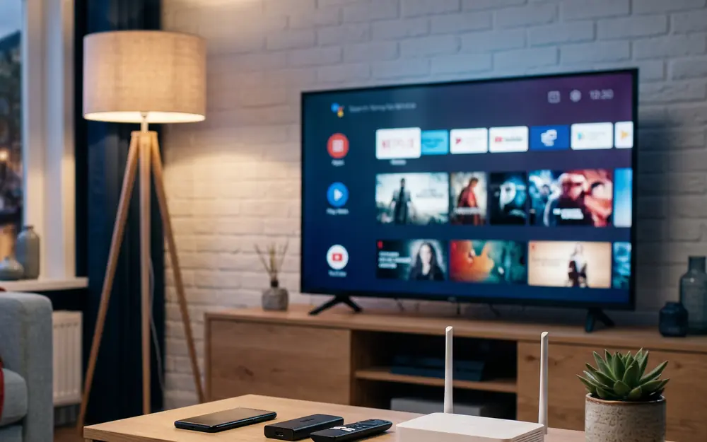 Kontakt zum IPTV Support: Smart TV, Streaming-Stick und Router im Wohnzimmer